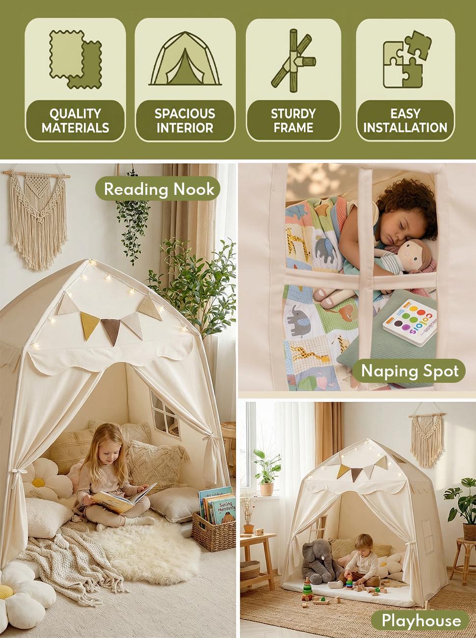 Little DoveKids Play Tent with Tassel, Large Play Tent with Star Light, Portable & Foldable Teepee, Bed Canopy for Girls and Boys, JoyHut, Indoor Outdoor Dome Tent Playhouse, Easter Gifts Basket Stuffers