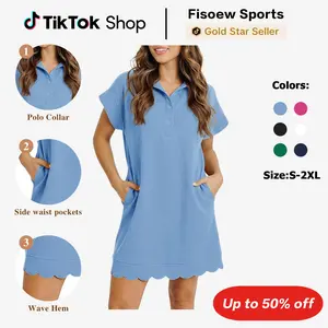 Fisoew Sports Womens Summer T Shirt Mini Dress Short Sleeve Collared V Neck Button Loose Active Dresses with Pockets