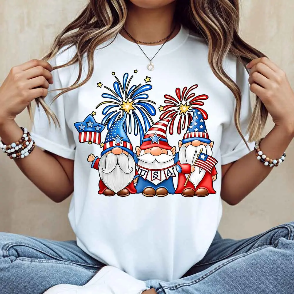 Crewneck T Shirt White Patriotic Gnomes With Fireworks And Usa Flag Print For Independence Day Celebration