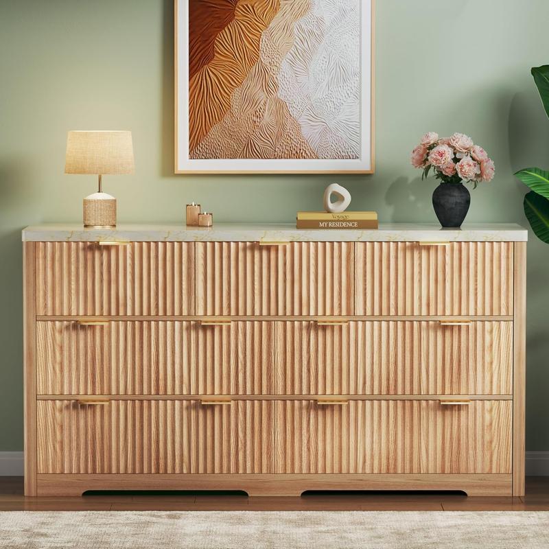 Fluted Dresser for Bedroom with 7/9 Drawers, 53'' Modern Dressers with Faux Marble Top, Mid Century Chests of Drawers with Gold Handle & Curved Profile, Natural Wood TV Dresser for Bedroom, Living Room