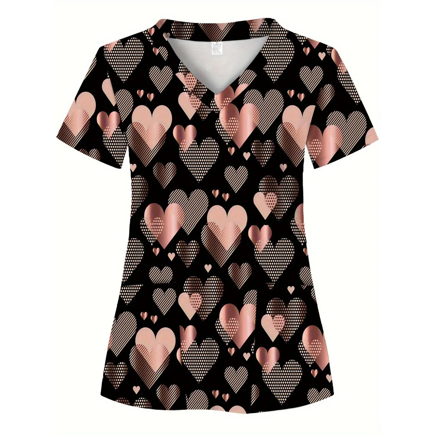 Rose Gold Heart Pattern Women's Scrub Top, Double Pocket Design, Professional Nursing Uniform, Short-Sleeve Medical Workwear, Stylish and Comfortable for Healthcare Professionals
