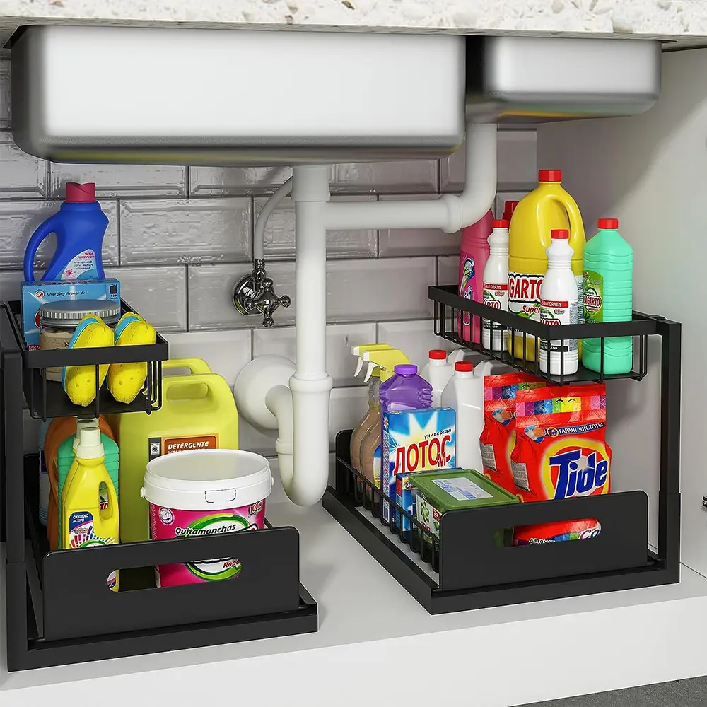 L-Shaped Pull Out Under Sink Organizer,2 Tier Under Sink Organizers Storage Sturdy Metal Slide Out Kitchen Cabinet Spice Rack Bathroom Organizer Snack Drawer Rack Rustproof Board Durable Easy to Install ,Valentine's Day Gift,Black