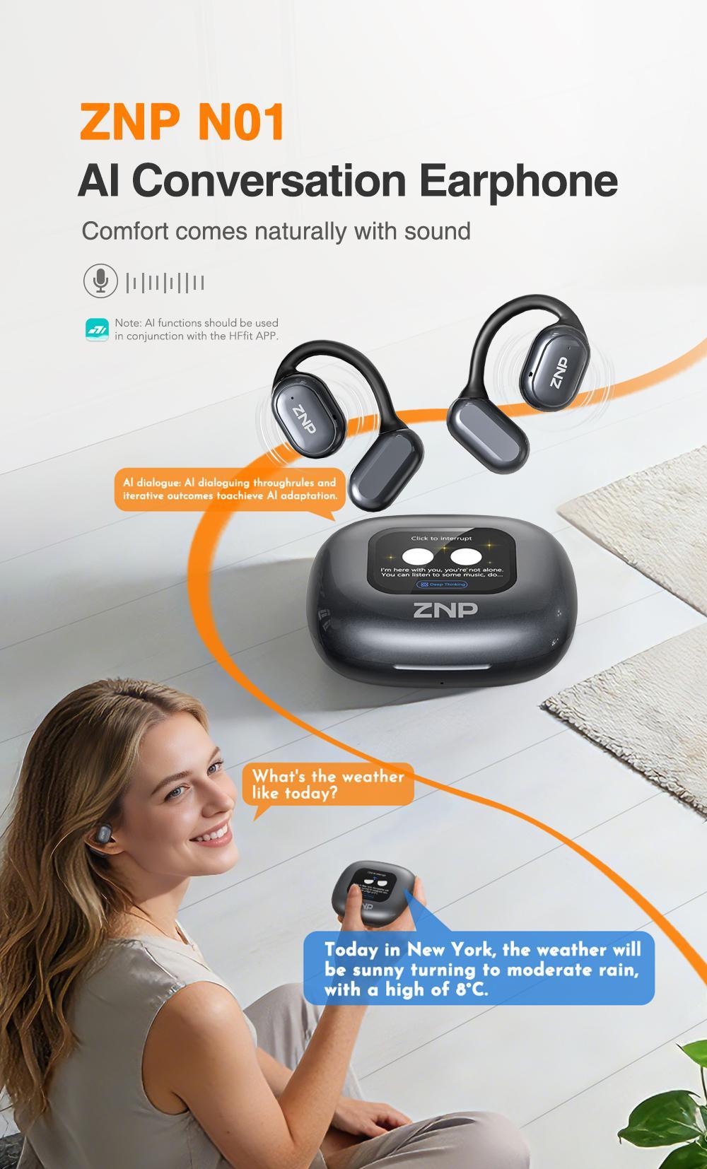 ZNP N01-Smart Dialogue Headphones, Supports conversational interaction, emotional companionship, answering questions, and providing inspiration. Features an open-ear design, Hi-Fi sound quality, and comes with a dedicated app