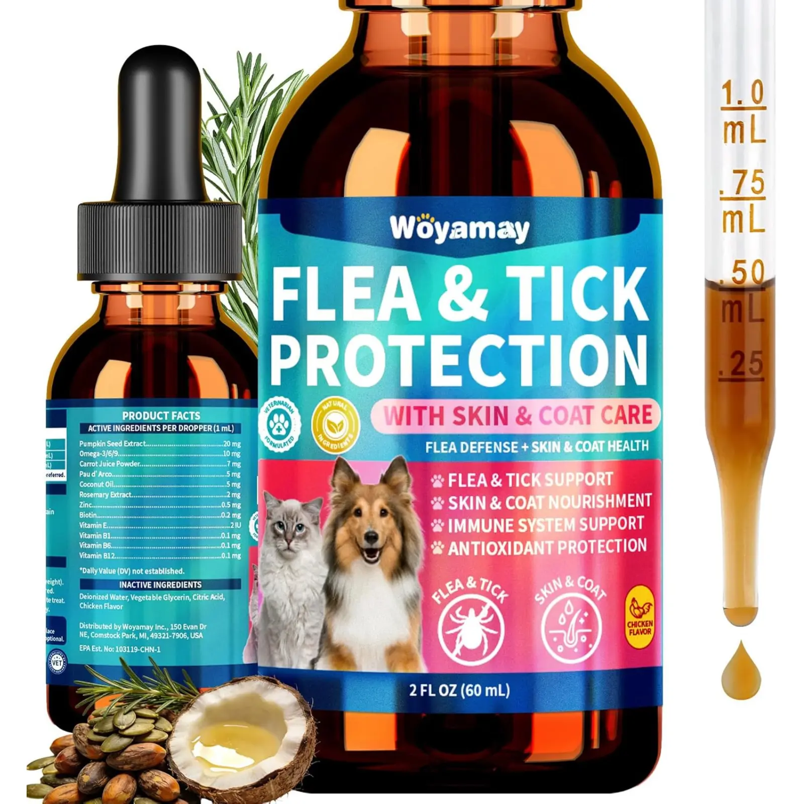 Woyamay Flea and Tick Prevention + Skin & Coat Support for Dog & Cat, Dogs and Cats Flea/Immune/Skin/Antioxidant Support with Pumpkin Vitamin B Omega-3 for All Breeds & Ages, Chicken Flavor