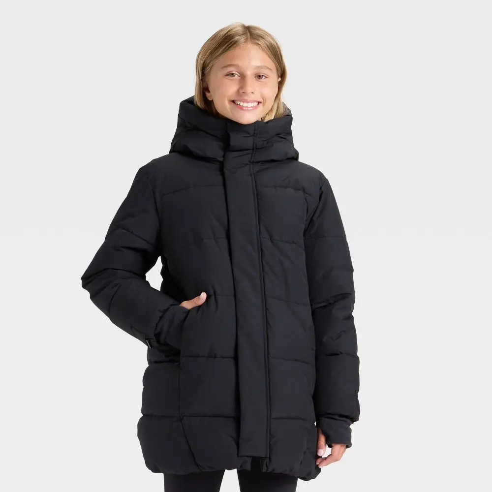 Girls' Hooded Puffer Jacket - All In Motion, jacket with hood, coats, built-in mitten cuffs, channel-stitched quilting, made for outerwear cool weather