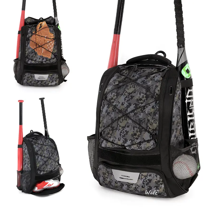 Wolt Durable Breathable Oxford Fabric Baseball Bag - Youth & Adult Backpack with Main Compartment, Shoe Compartment, Fence Hook, Elastic Bat Holders, Elastic Pockets, Adjustable Straps, Bungee Cord, Convenience Features, Ideal for T-Ball/Softball