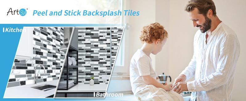 Art3d Peel and Stick Grey Marble  Backsplash Tiles, 12"x12" Self-Adhesive Vinyl Wall Stickers for  Kitchen & Bathroom, 10-Pack, Covers 9.5 Sq.ft