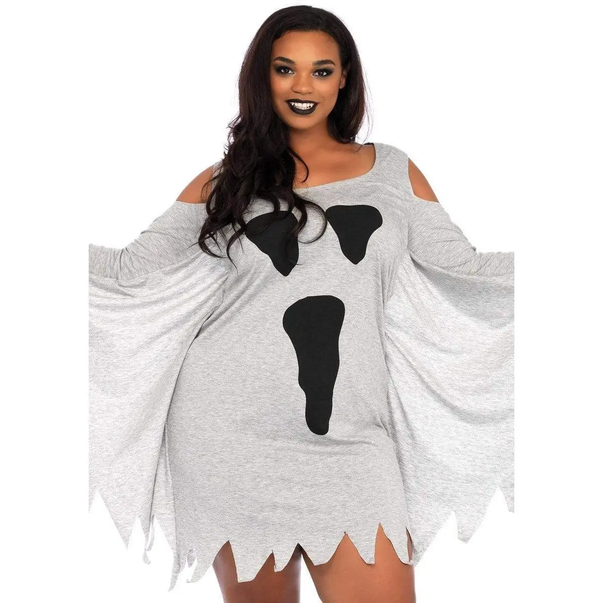 Plus-Size Ghost Costume Dress for Women, Stretchy Cotton Jersey Fabric with Cold Shoulder, Long Sleeves & Tattered Hem, Comfy, Gorgeous