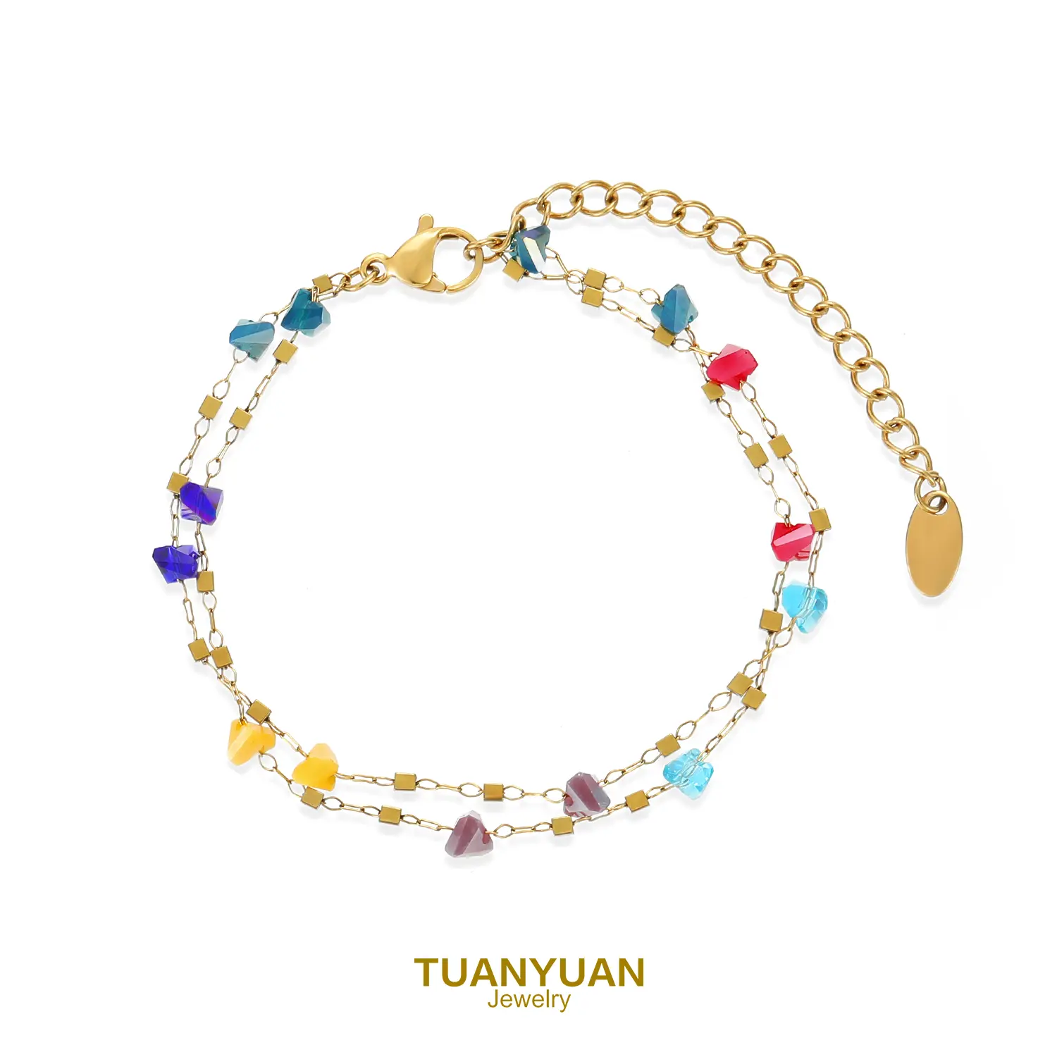 Women's Boho Aesthetic Rainbow Crushed Stone Beaded Bracelet, Dainty Gold-Layered Chain, Colorful Stones Summer Costume Jewelry Gift