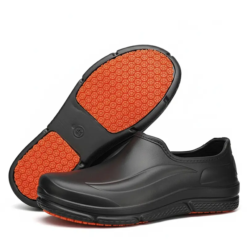 FoamFam Premium Work Shoes: non-slip, waterproof, and ultra comfy. Features EVA uppers with red rubber outsoles. Ideal for gardens, restaurants, kitchens, labs and hospitals. Safety Shoes