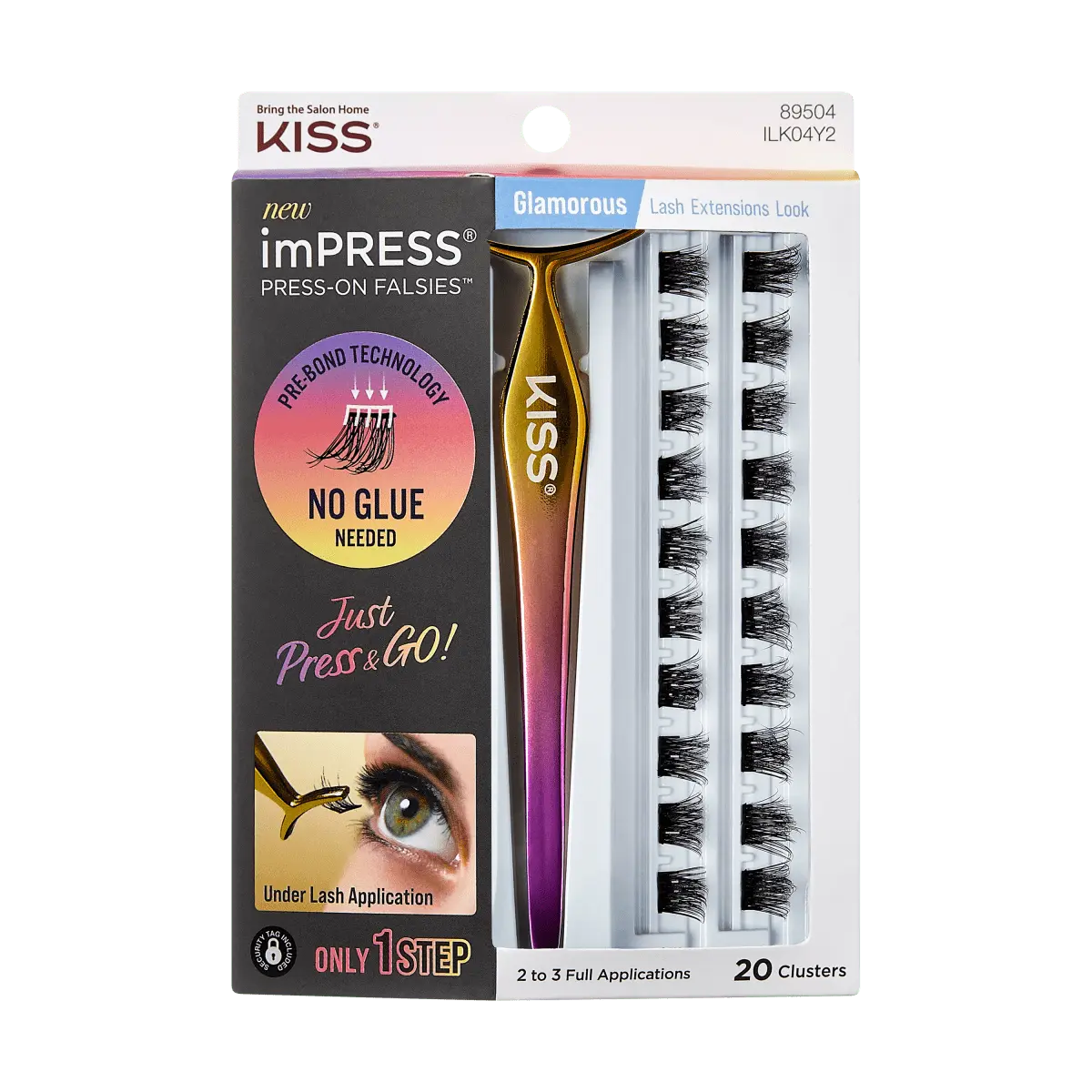 Impress Falsies Pre-Glued False Eyelashes Starter Kit - Glamorous | 20 Lash Clusters, With Applicator, 12mm-14mm