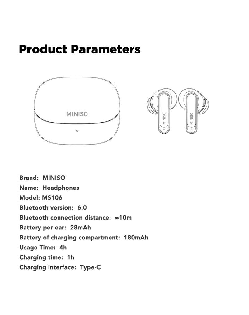 MINISO MS106 Wireless Earbuds Bluetooth 6.0 Earphones, In Ear Earbuds,Waterproof Wireless Earphones, Suitable for Office, Sports, Study and Audio Calls, Built in Microphone, Gaming Bluetooth Headphones