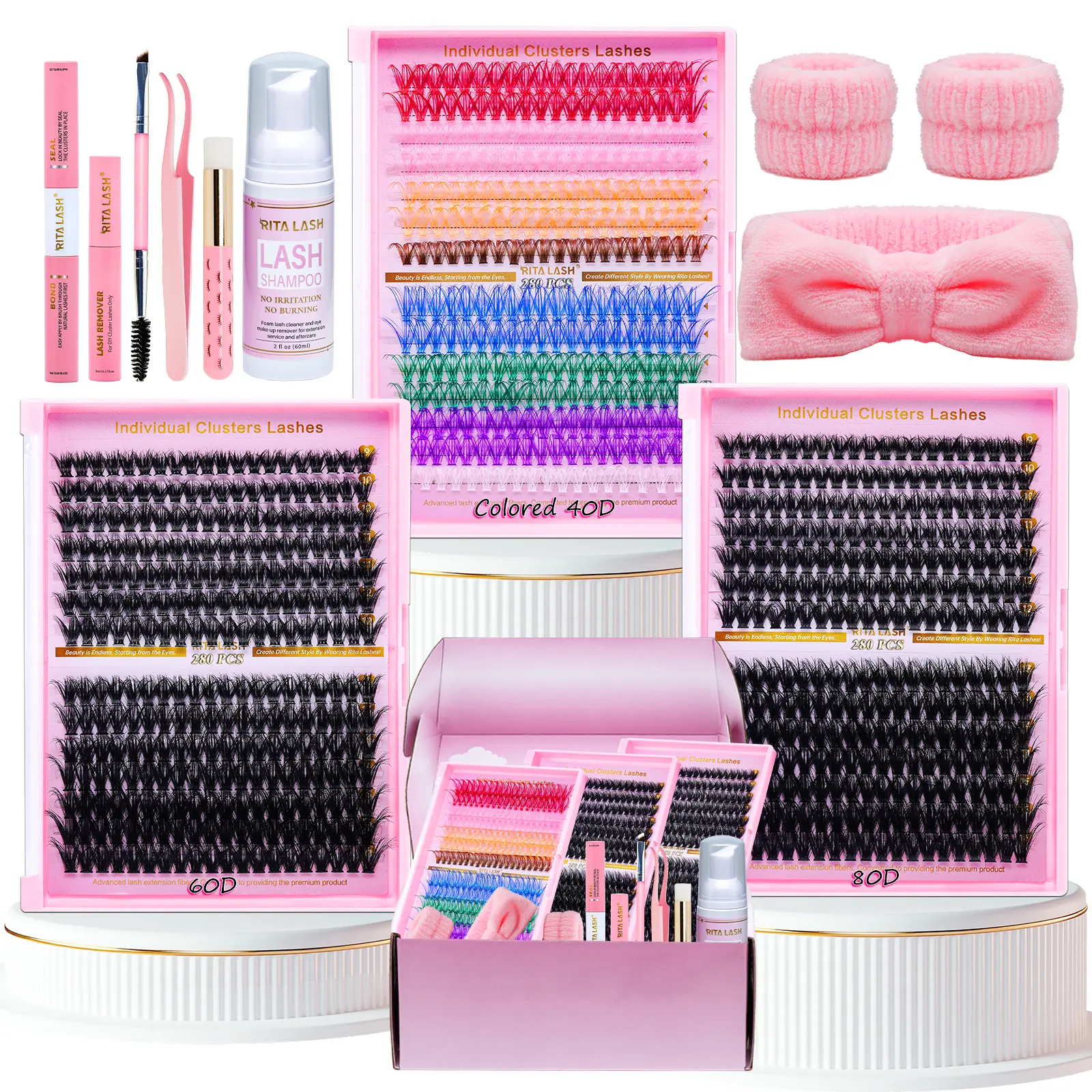 RITALASH 840Pcs Dense Fluffy Wispy Cluster Lashes Kit - D Curl Nature Colorful Kits, Wholesale Multi-Pack with Glue, Seal, Tweezers, Removers, Cleanser for Makeup Eyelash Extensions (Beauty & Personal Care)