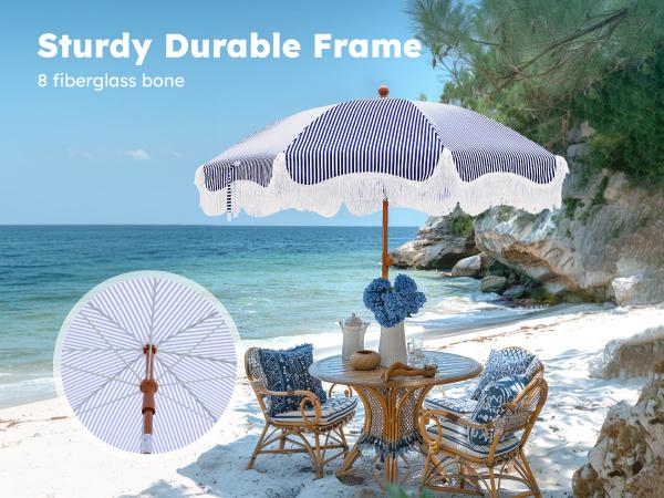PHI VILLA 7ft Beach Patio Umbrella with Fringe, UPF 50+ Canopy, 8 High Wind Proof Fiberglass Ribs, Carry Bag, Blue&White - Springtok