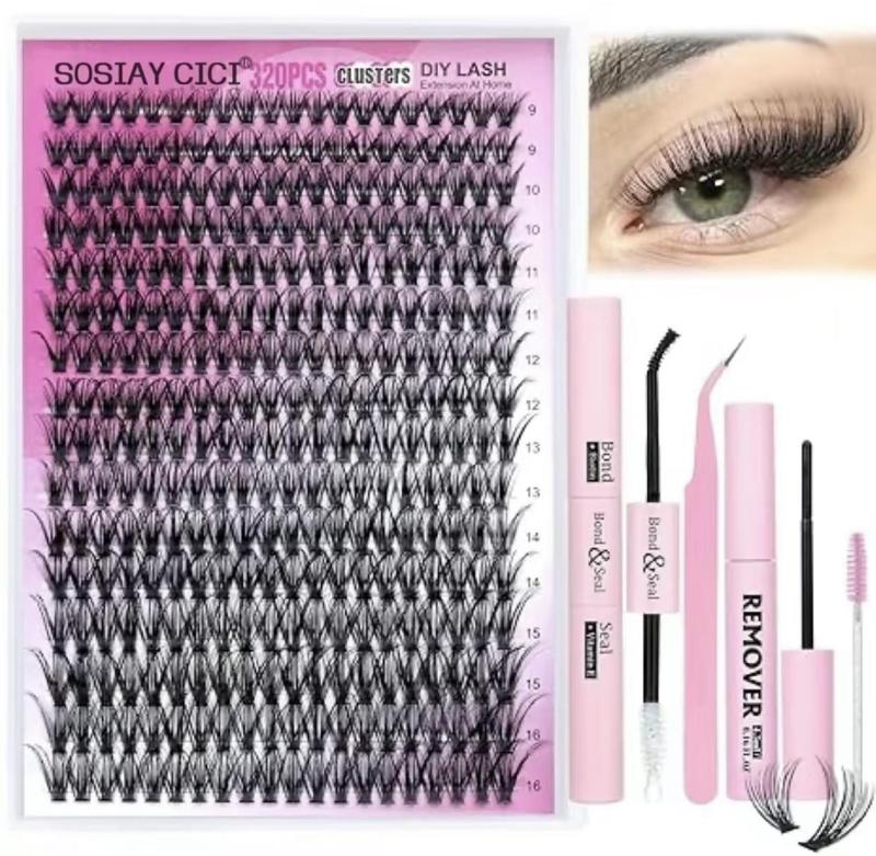 DlY Eyelash Extension Kit Summer Style 320 Pcs 40D Curl Clusters Individual False Eyelashes, Mixed 9-1ómm, with Lash Bond & Seal, Tweezers, Remover, Clear Glue, Eye Makeup Enhancement Products, DlY Lash Extensions at Home, New Year's Day Gift Cosmetic