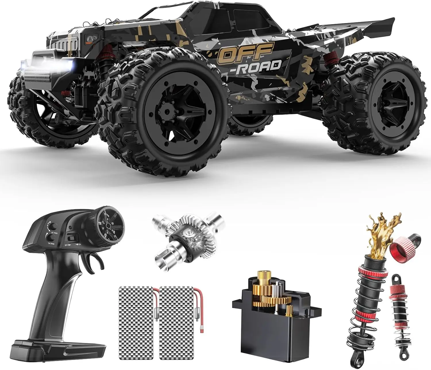 DEERC 9309E 4WD Remote Controlled Car - 40 km/h High Speed IPX4 Waterproof RC Car, 2.4GHz Hobby Grade Off-Road Monster Truck, 4WD Hill Climbing, LED Headlights, 2 Rechargeable Batteries, Durable Brush Motor, Beginner Gift
