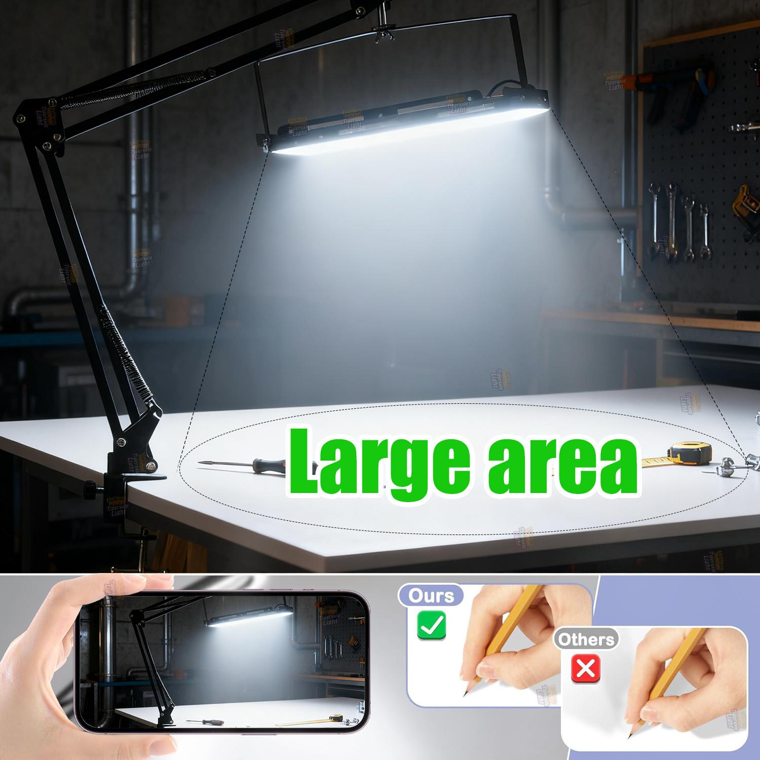 LED work light 6000K with desktop stand, adjustable height/angle, with 96/144 high-bright white light beads and USB plug and switch and 150cm power cord, suitable for workshop, warehouse, office desk lighting.