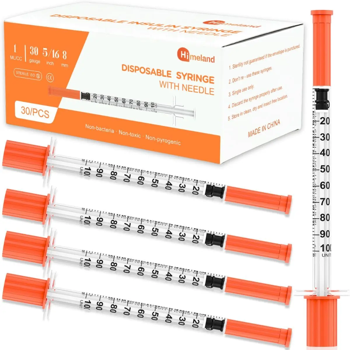 1ml/cc Disposable Syringe with 30G 5/16" (8mm) Needle |   30 Pack Individually Wrapped |   U-100 Lab Supplies