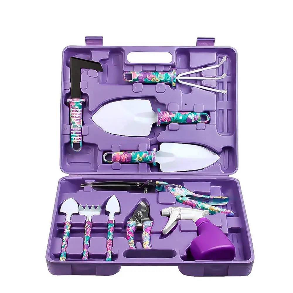10-Piece Portable Garden Tool Kit with Flower Print - Flower Print Adds Charm, Includes Small Shovels, Scissors, Rake, Weed-Remover, Sprayer, Grab & Go Handbag Toolbox, Great for Vegetable Garden Care