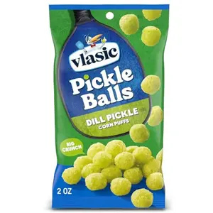 Pickle Balls, Dill Pickle Flavored Corn Puffs, Pickleball Gifts, Easter Basket Stuffer for Pickle Lovers, 2 oz.
