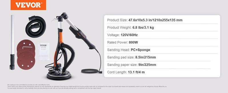 VEVOR Drywall Sander (Dust Bag not Included, Compatilble /w Vacuum Cleaner), 800W Brushless Motor Electric Sander, Variable Speed 1000-2300 RPM Wall Sander, Foldable Ceiling Sander with Double-Deck VEVOR Drywall Sander (Dust Bag not Included, Compatilble /w Vacuum Cleaner), 800W Brushless Motor Electric Sander, Variable Speed 1000-2300 RPM Wall Sander, Foldable Ceiling Sander with Double-Deck