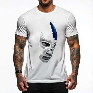 Men's Regular Fit Casual Cotton Knitted T-Shirt - Mexican Art Devil Blue Fighting Wrestler Legend, Geometric Pattern, Activewear Tee for Fitness, Running