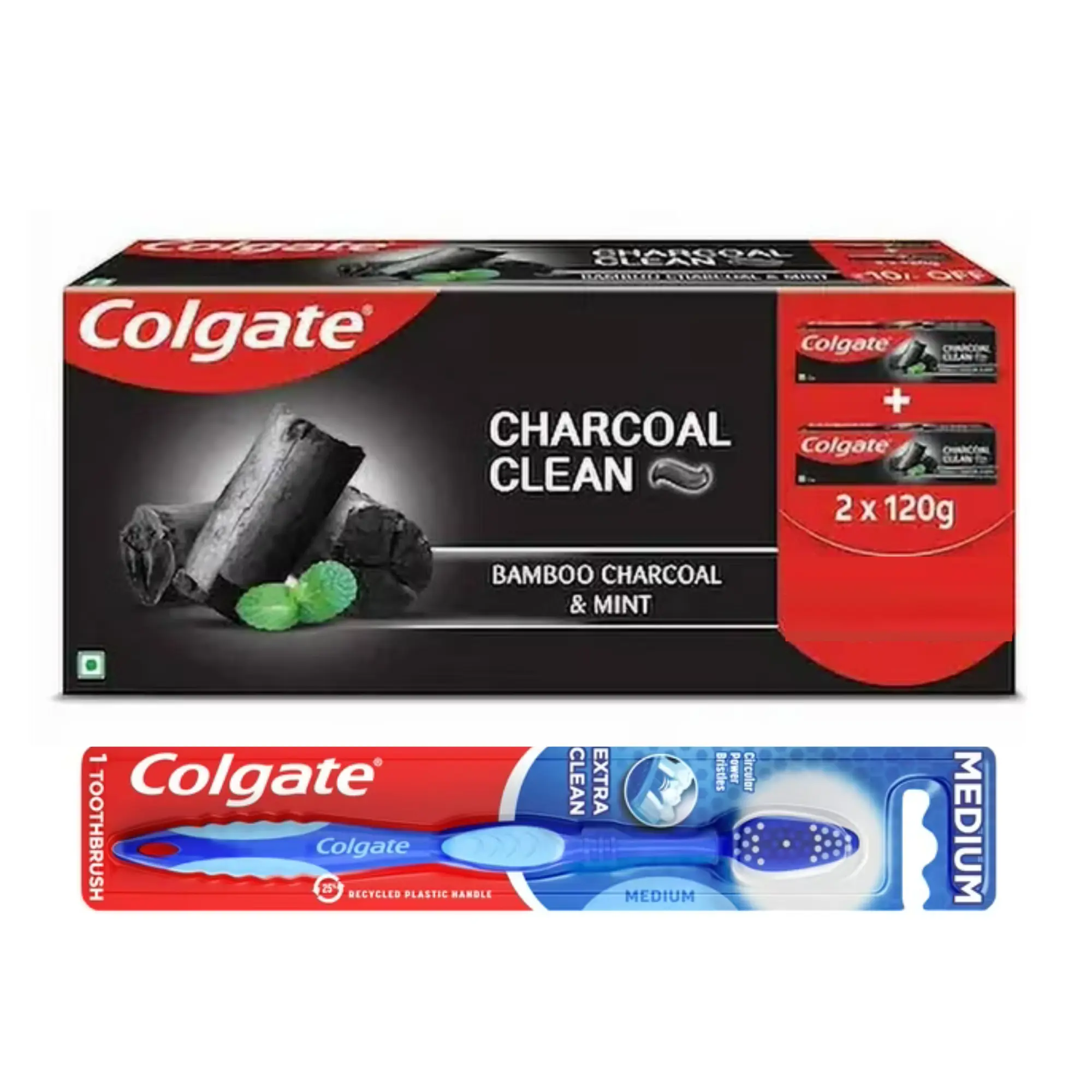 Colgate Charcoal Clean Toothpaste 2-Pack 120g & Extra Clean Toothbrush Daily Cleansing Bamboo Charcoal Fresh Mint Oral Care Essentials