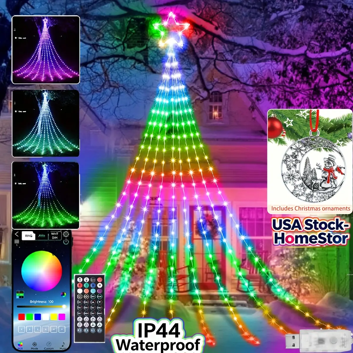 11.8FT Outdoor Waterproof Christmas Tree Waterfall Star String Lights - 350 Sealed LEDs, 210 Modes, Remote & APP Control - Ideal for Yard Parties, Home Holiday Decor