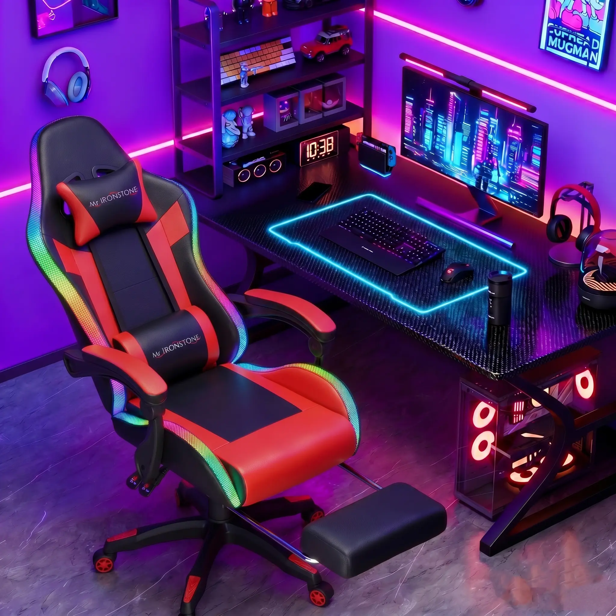 【New Arrival】Mr IRONSTONE Gaming Chair, RGB LED Lights Computer Chair with Footrest, Lumbar Support Gamer Chair, High Back, 90-135° Reclining, Linkage Armrests, Red