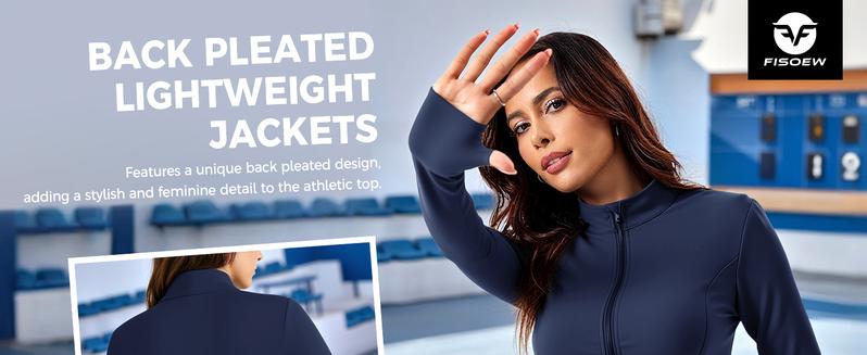 Fisoew Sports Women's Zippered Sports Jacket, Pleated Lightweight Slim Fit  Stand Collar with Thumbhole Pockets,Valentine's Day Gift Recommendations