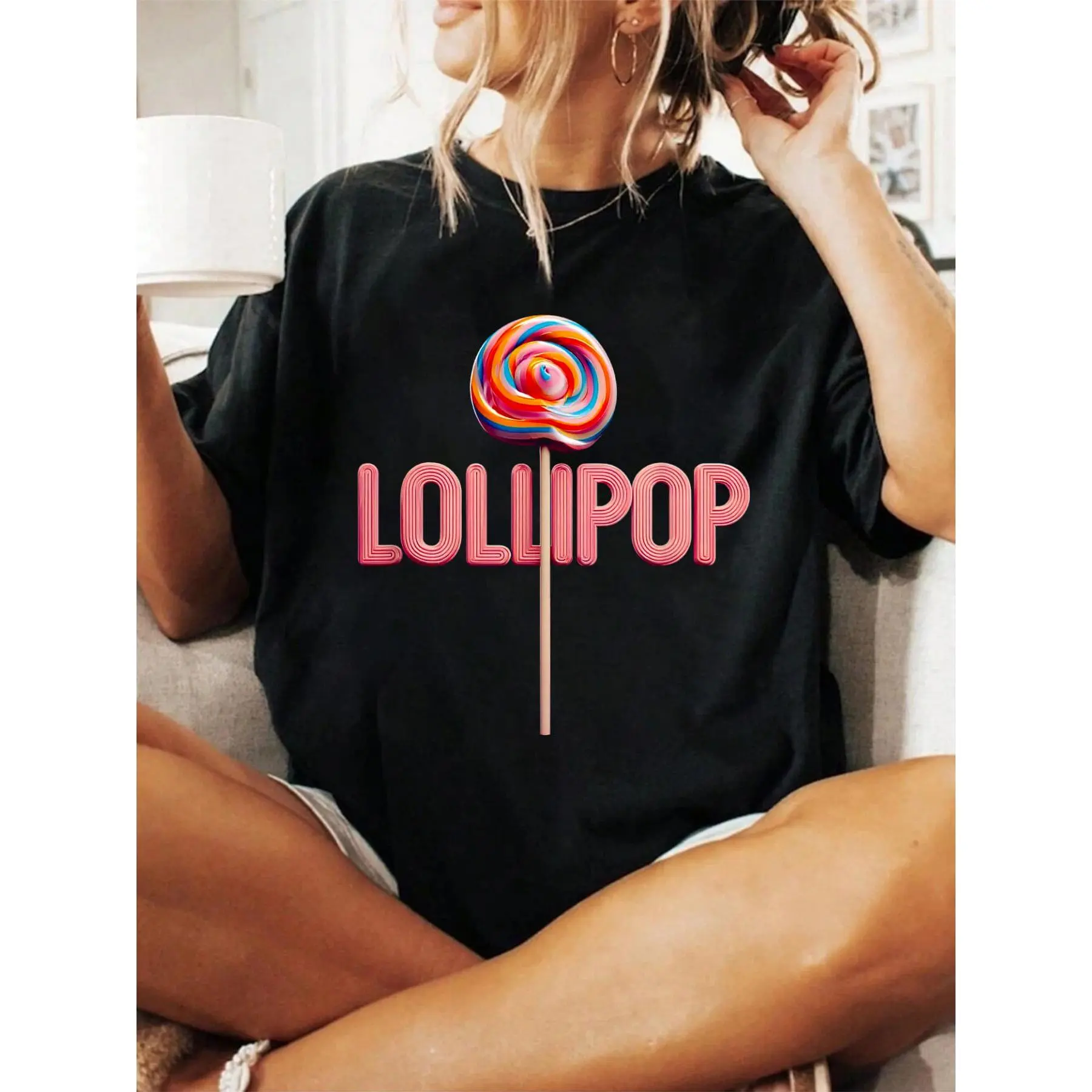 Women's 100% Cotton Short-Sleeve Round Neck Casual Loose Halloween Candy Lollipop Costume T-Shirt, Fall Style Top, Tops, Clothes