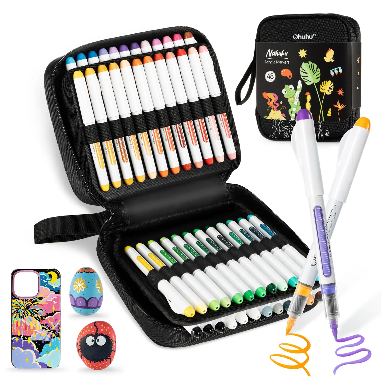 Ohuhu Acrylic Paint Markers: 48 Pack - Brush Tip High Opacity Acrylic Markers - No Bleed Direct-Ink Acrylic Paint Pens Water-Resistant for Rock Painting 3D Prints Egg Wood Glass Ceramic DIY Craft - Nahuku Series of Ohuhu