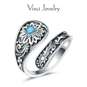 925 Vintage Sun Flowers Open Ring with Synthetic Turquoise Design, Adjustable Elegant and Sterling Silver Ring for Women, Men's Thumb Ring, Daily Wear Jewelry, Mother's Day Birthday Gift
