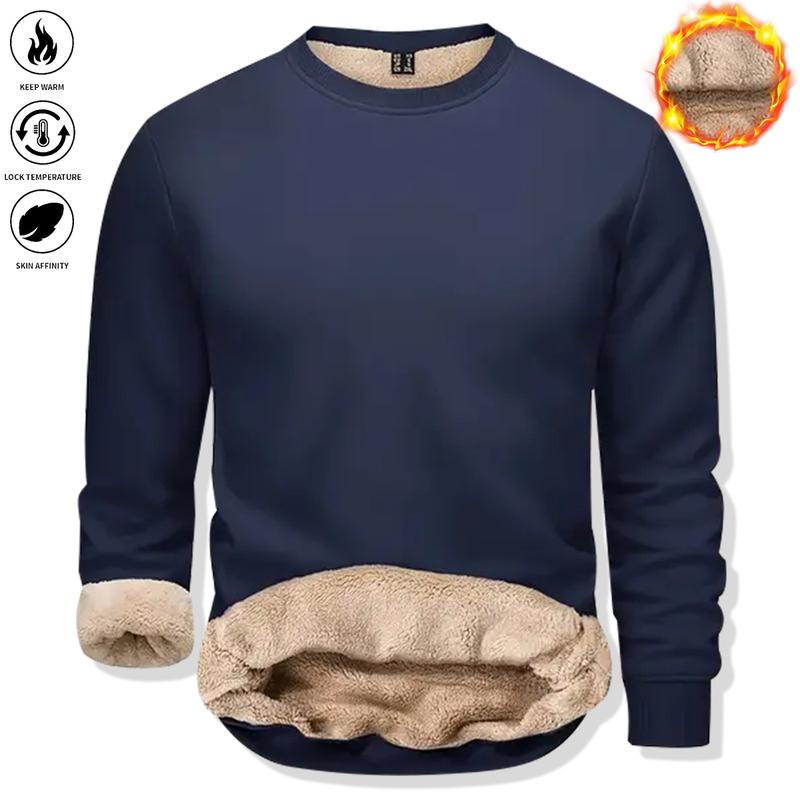 Men's  Fleece-Lined Warm Pullover Sweatshirt ， Long Sleeve, Round Neck for Fall/Winter Comfort, Fleece Sweatshirt