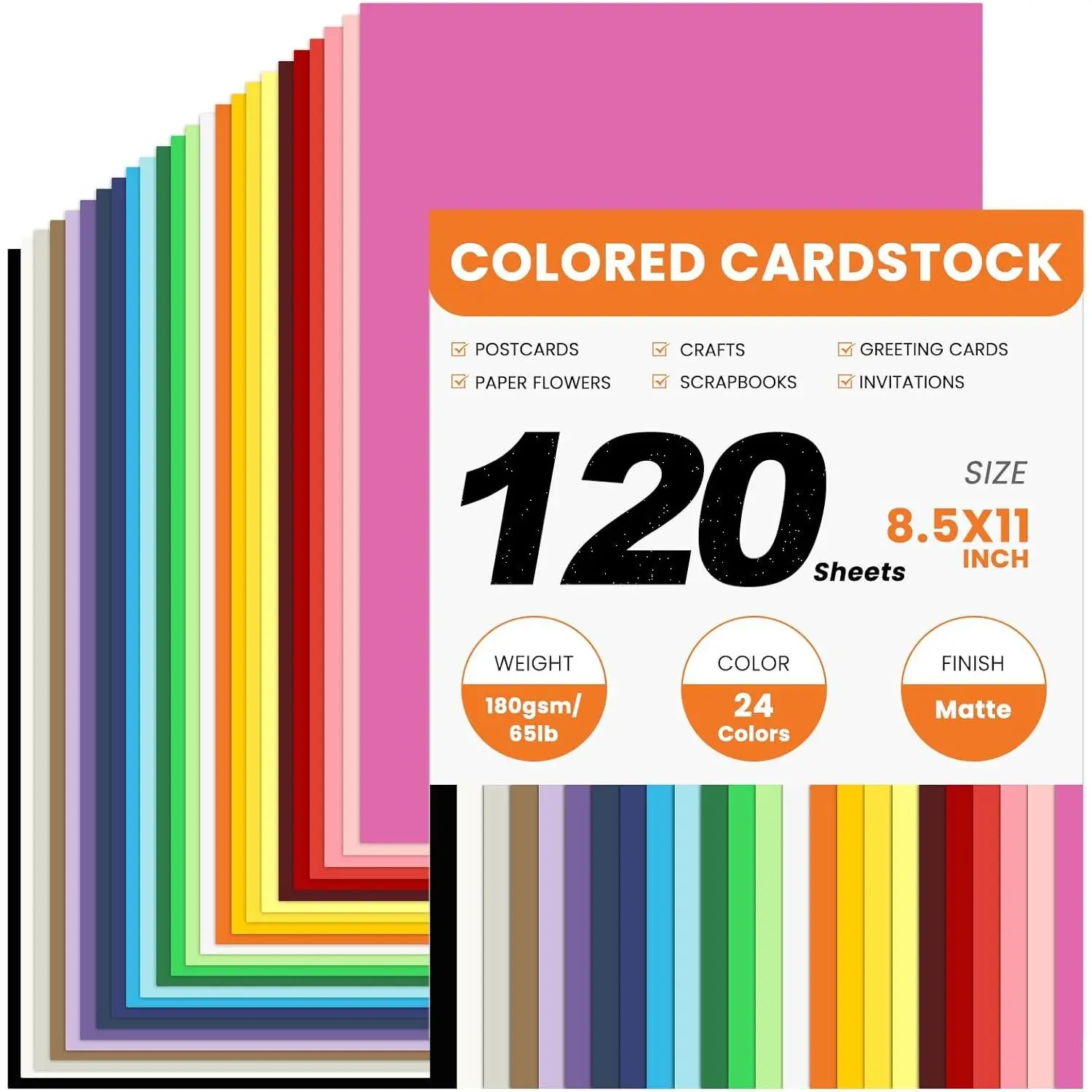120 Sheets Colored CardStock, 180gsm/65lb 24 Colors Cardstock Print Paper 8.5 x 11 Inches, Double Sided Printed Card Stock Paper for Scrapbook School Office Printing DIY Craft