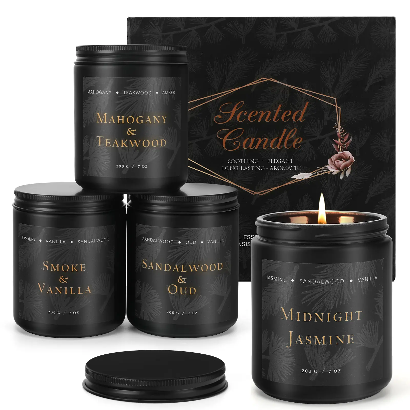 Scented Candles for Men -  Valentine's Day gift 4 Pack Candles for Home Scented, Soy Wax, 200 Hour Burn Time, Men Candle Set, Sandalwood Oud/Mahogany Teakwood/Smoke Vanilla/Jasmine Candle Set Father's Day Gift