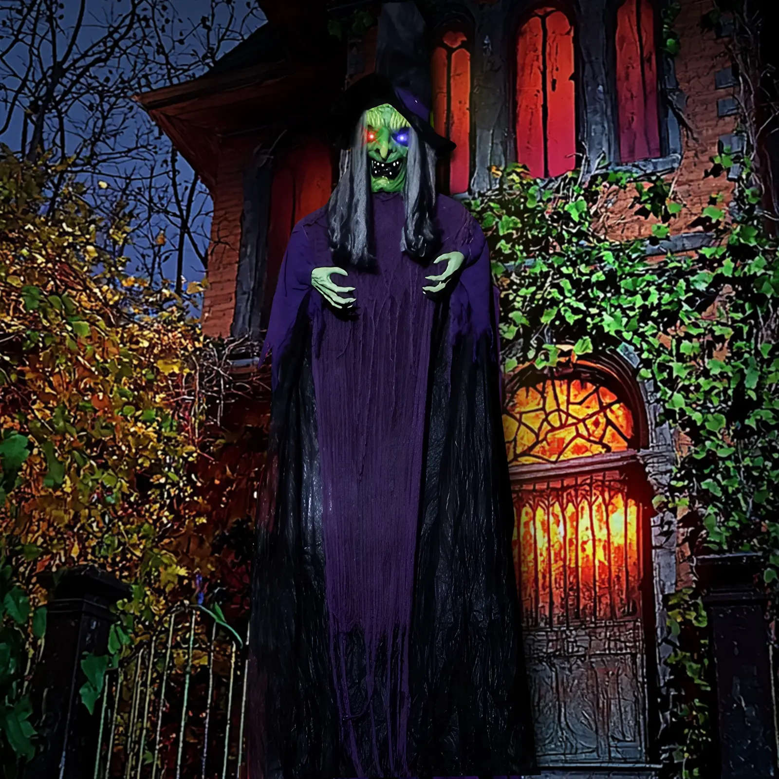 12ft Giant Hanging Witch Halloween Decor, Sound & Motion Activated Animatronic Witch with Glowing LED Eyes, Scary Talking Witch Prop for Yard Haunted House Party Decor, Battery Operated (Batteries Not Included)