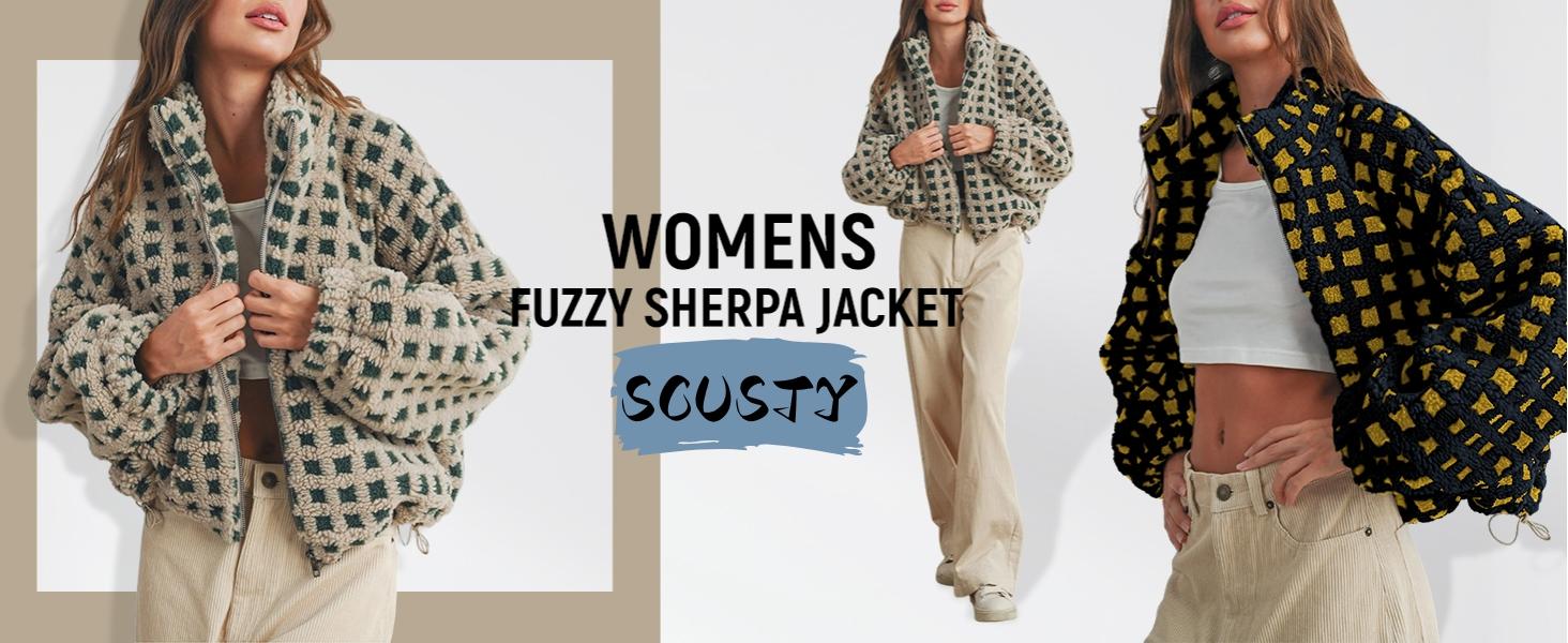 SCUSTY Women Winter Fleece Jacket Plaid Fleece Warm Coat Long-sleeve Zippered Sherpa Jacket with Pockets