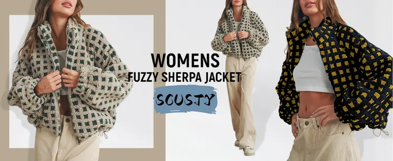 SCUSTY Women Winter Fleece Jacket Plaid Fleece Warm Coat Long-sleeve Zippered Sherpa Jacket with Pockets SohoChic