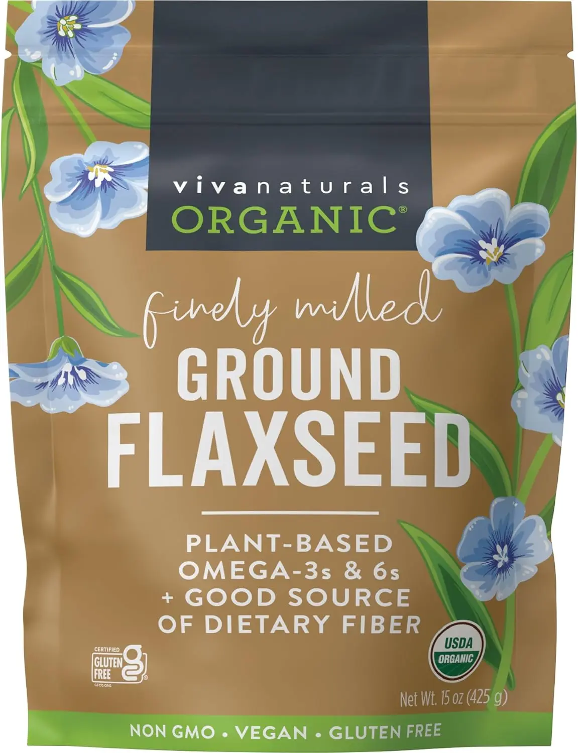 Viva Naturals Organic Ground Flaxseed, 15 oz (425 g) – Plant-Based Protein, Vegan Omega-3 & Fiber, Finely Milled Flax Seeds, Perfect for Smoothies & Baking