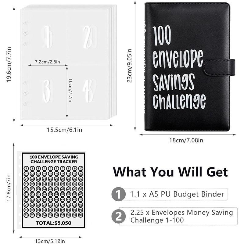 100 Envelope Challenge Binder - Saving Binder with Envelopes, Easy Budgeting System （Black）