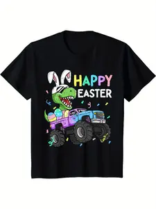Kids Boys Happy Easter T-Rex Bunny Monster Truck Rabbit Ears T-Shirt
