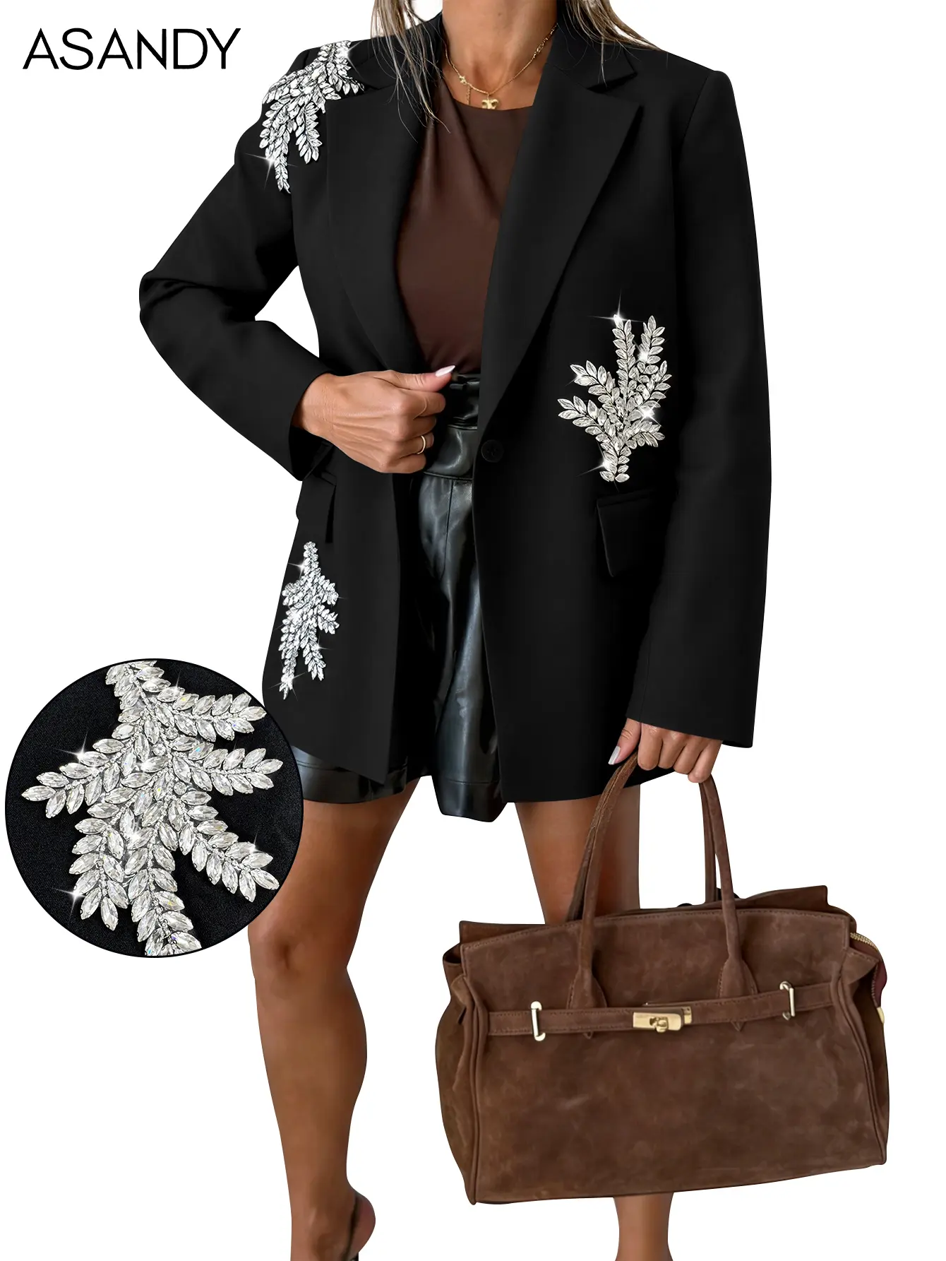 ASANDY Women's Oversized 3D Bedazzled Rhinestone-Embellished Long-Sleeve Coat, Elevated Casual Streetwear Fashion Outerwear, Bedazzled Rhinestone Women's Casual Jackets, Blazer, Elegant, Xl, Crystal-Adorned Women's Casual Jackets, Decorative Detail Women'