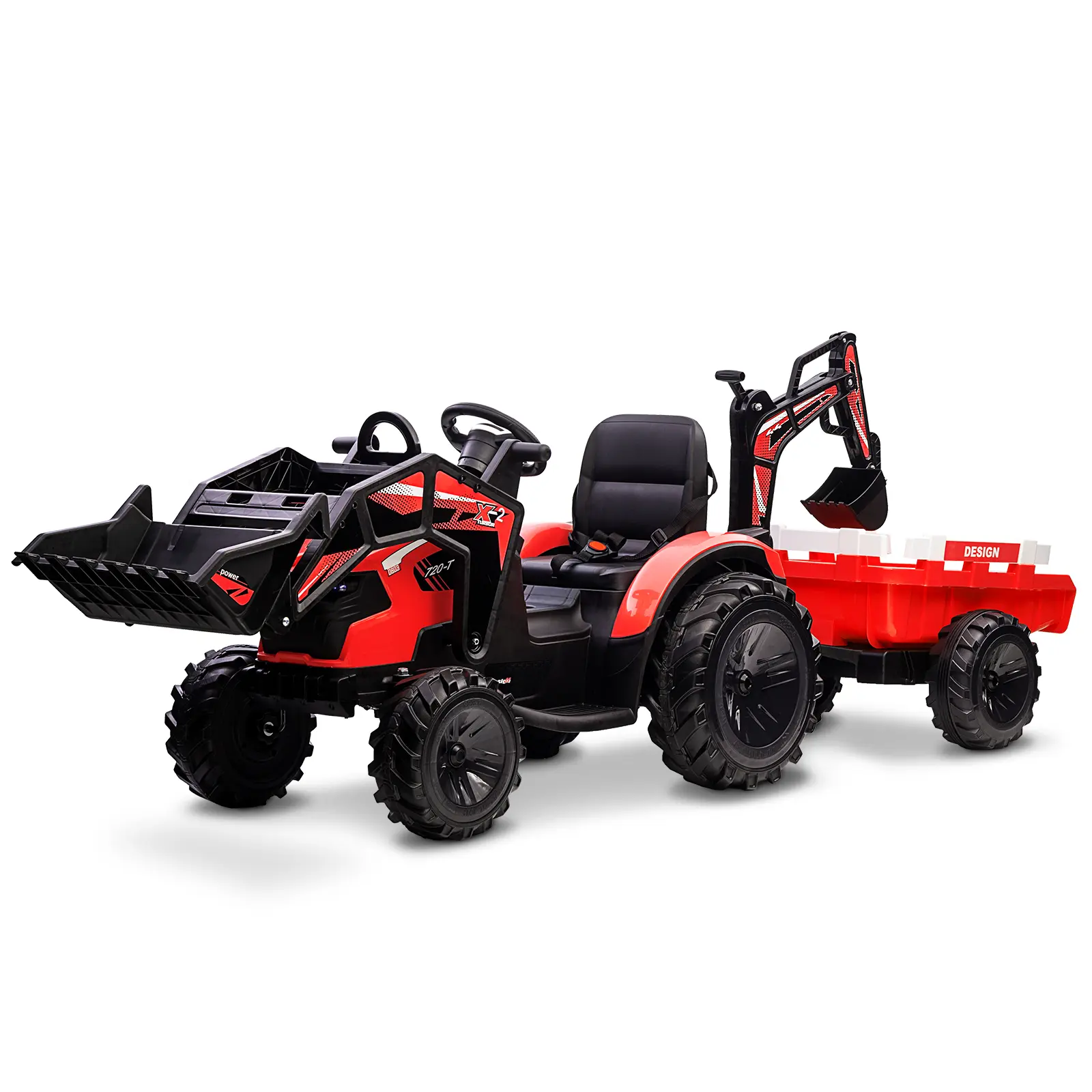 【Christmas Gift】24V Battery-Powered 3-in-1 Kids Ride-On Construction Vehicle (Excavator, Bulldozer, Tractor) with Remote Control, LED Lights, Music, USB, Digging Bucket, Trailer & Safety Features, Red Children's Toy, 4 - 6 Years, Ethylene Vinyl Acetate (E