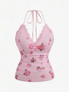 Sweetra Plus Size Women's V-Neck Spaghetti Strap Bowknot Lace Patchwork Elegant Vintage Cute Sheer Rose Floral Sexy Lingerie Camisole