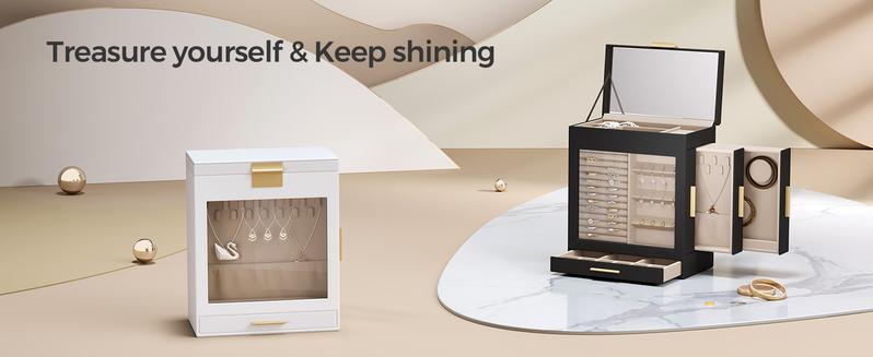 SONGMICS Jewelry Box with Glass Window, 5-Layer Jewelry Organizer with 3 Side Drawers, Jewelry Storage, with Big Mirror, Modern, 6.1 x 10.3 x 12.6 Inches