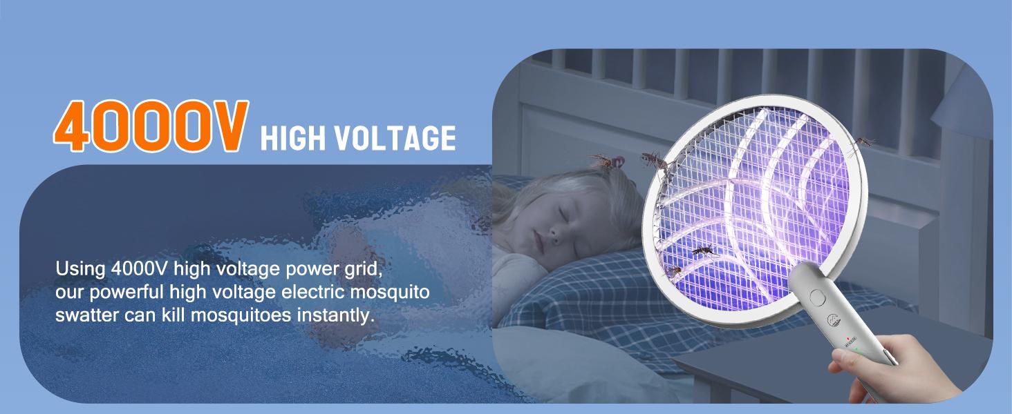 4000V Electric Fly Swatter Racket, 1800mAh Smart Bug Zapper with USB Rechargeable Base, Powerful Mosquitoes Trap Lamp & Fly Killer with 3-Layer Safety Mesh for Home, Bedroom, Kitchen, Patio