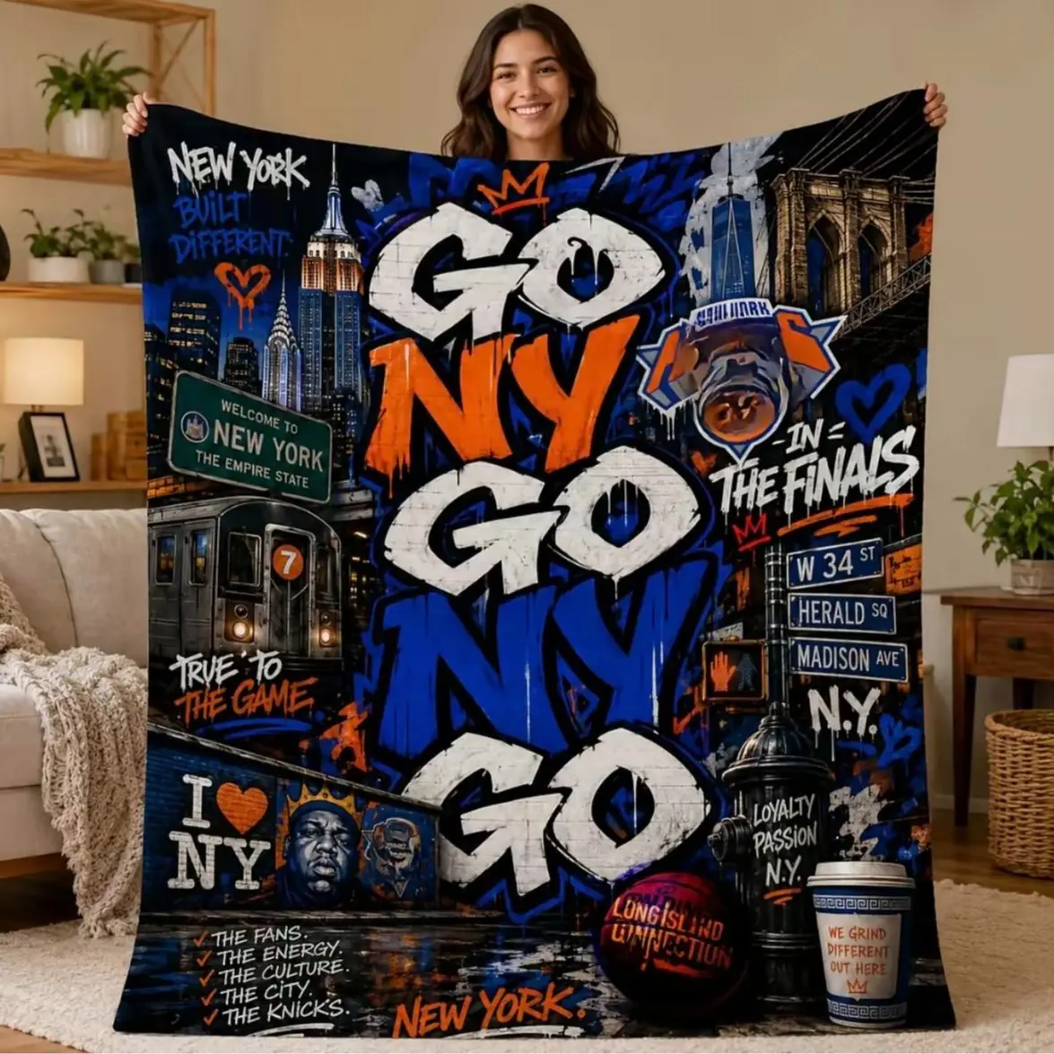 Basketball-Inspired Digital Print Fleece Throw Blanket - Blue-Orange Go NY Design, Unisex Bed Sofa Decorative Blanket, Soft Warm Sports Fan Gift for Watch Parties, Bed Sofa Blanket