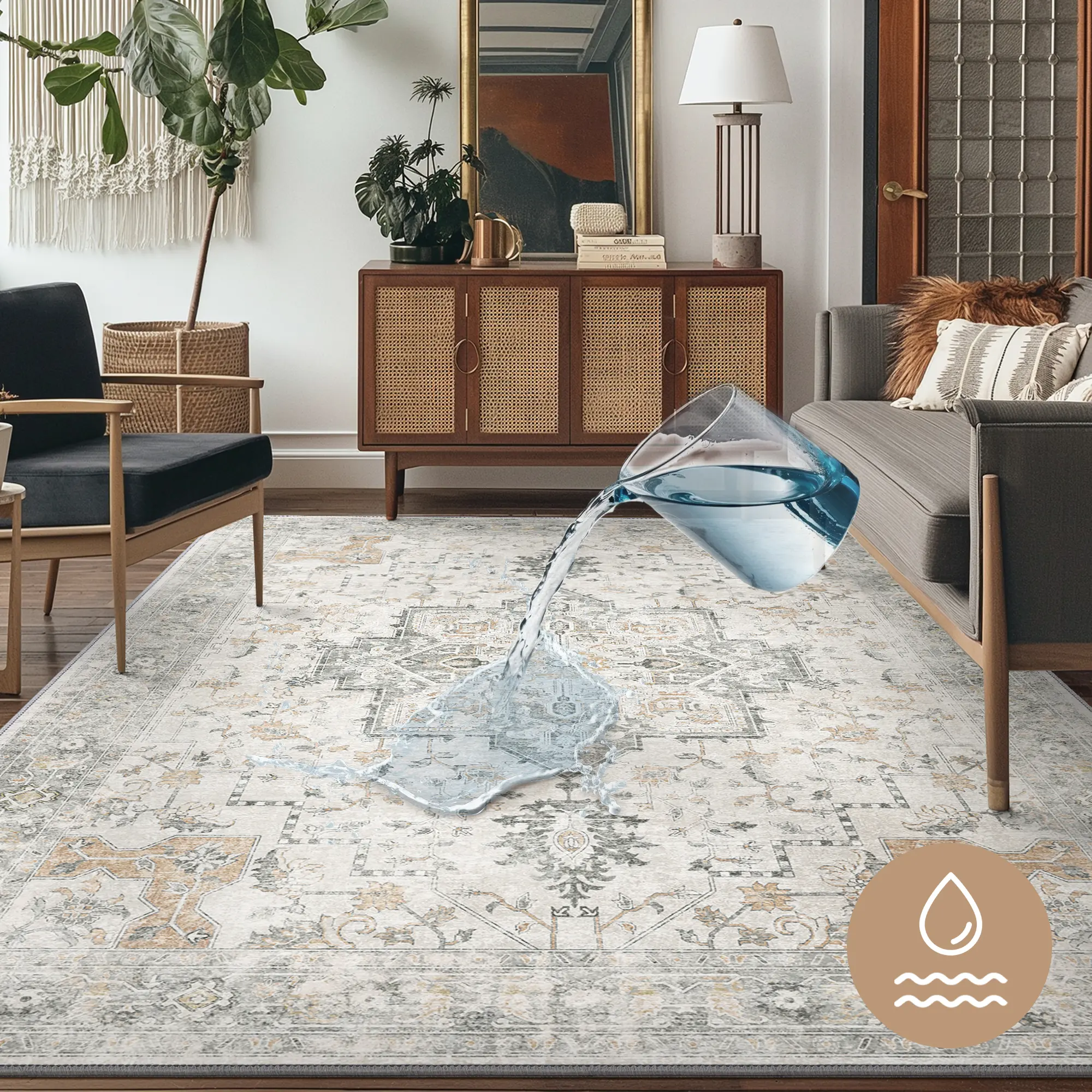 【Back To School】GENIMO Outdoorfun No-Wash, Easy Care Spill-Resistant Area Rugs, Machine Washable Stain & Oil Resistant Non Slip Vintage Rugs, Family & Pet Friendly Carpet for Bedroom, Dining Room, Kitchen, Living Room Home Decorative Rug