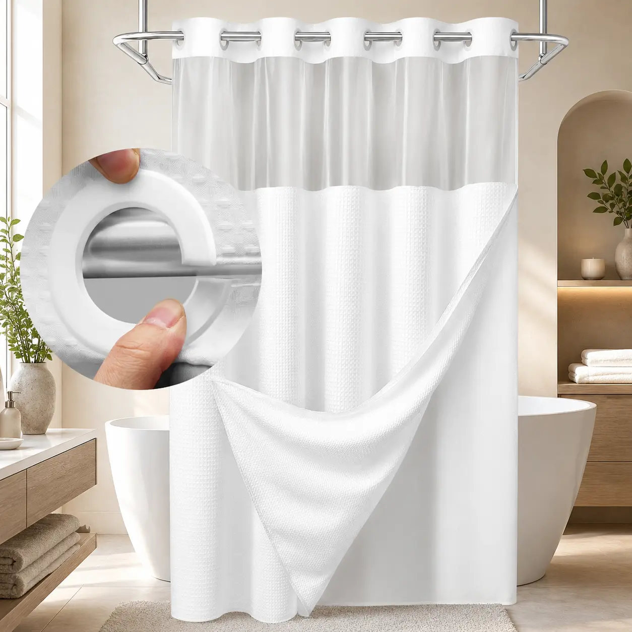 White No Hook Shower Curtain with Snap in Liner -grey Waffle-Pattern Shower Curtain Double Layer Shower Curtain -Fabric Waterproof Inner Liner,Bathroom Accessory for Home, Hotel, Salon & Dormitory Decor